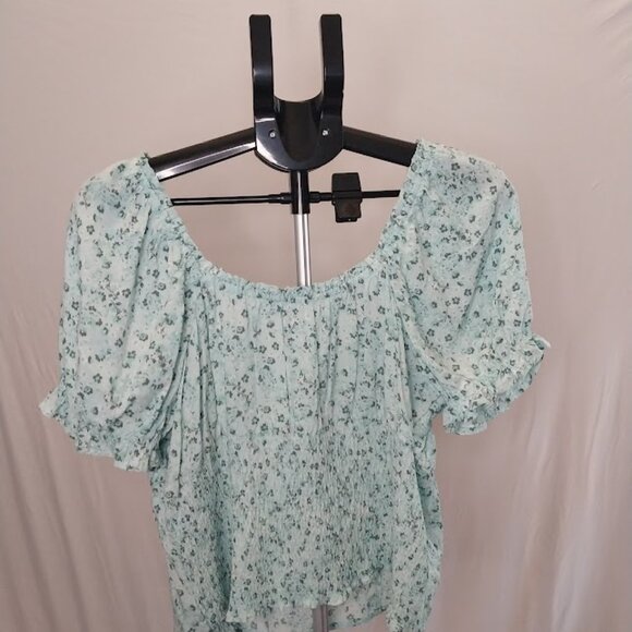 No Boundaries Juniors Print Ruffle Peasant Top with Short Sleeves - Picture 7 of 7